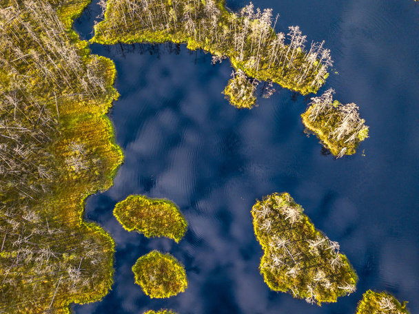 Κηφήνας φωτογραφία από πολύχρωμα Moorland σε πρόωρη Ανατολή καλοκαίρι με σύννεφα αντανακλούν στο νερό μεταξύ των νησιών της ΤτΕ - Φωτογραφία, εικόνα
