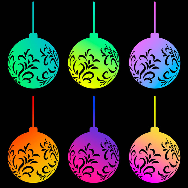 Set of neon colorful Christmas ball isolated on black background. Stocking element for decoration. Vector illustration for design - Vetor, Imagem
