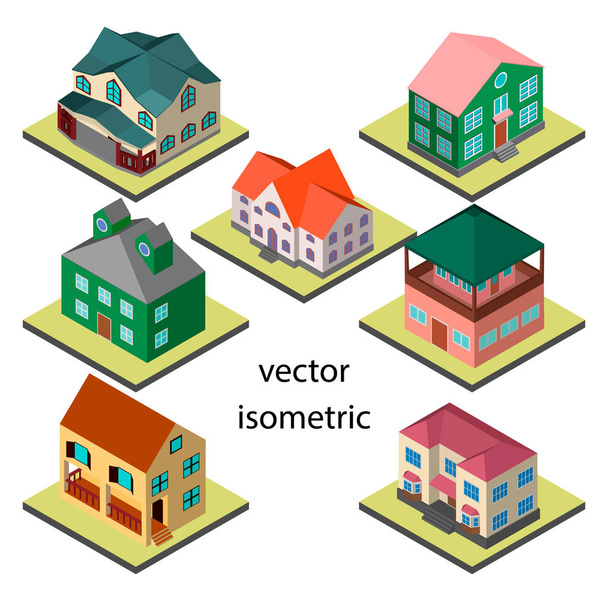 Set aus sieben ursprünglichen Häusern in isometrischer Form. - Vektor, Bild