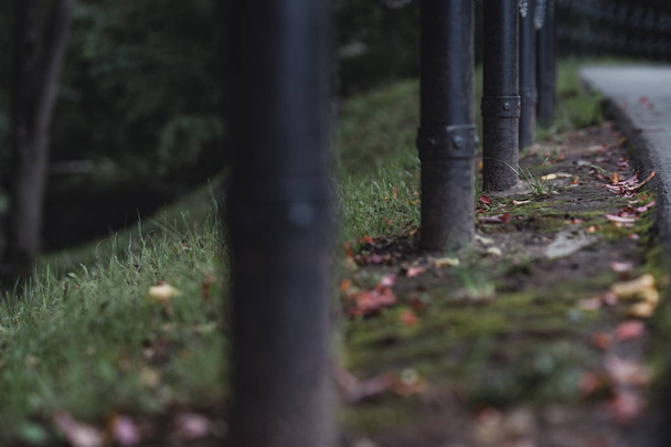 Moody, Dark Photo of the Road in a Park, Between Woods - Vue rapprochée de la clôture à chaînes avec fond flou - Desaturé, Regard vintage avec espace pour le texte, Jour d'automne
 - Photo, image