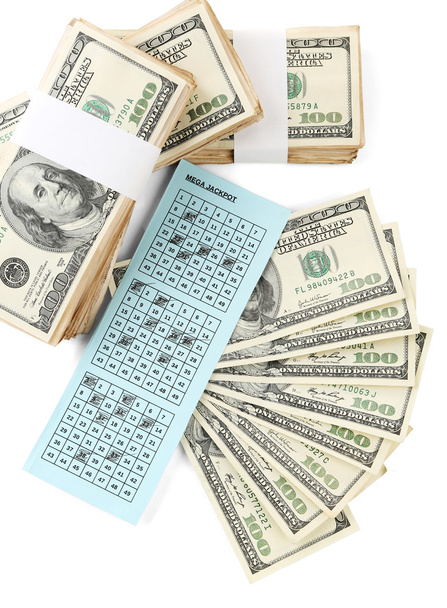 Lottery ticket and money, isolated on white - Φωτογραφία, εικόνα
