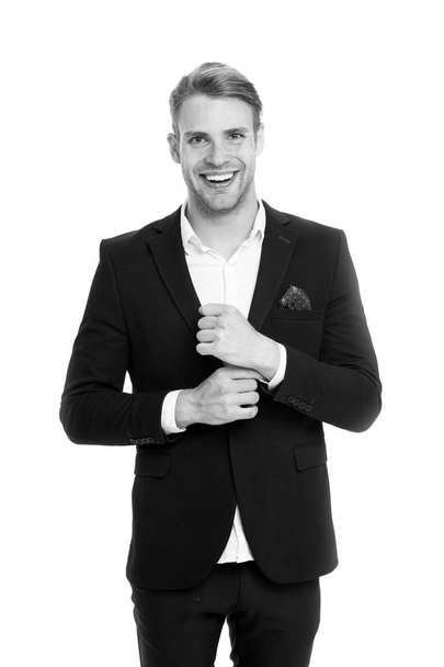 Professional dress code. Man happy well groomed in formal suit, isolated white background. Male fashion concept. Businessman gentleman dressed professional suit. Business dress code mean for men suit - Foto, Bild