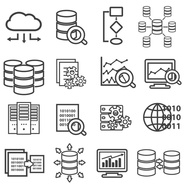 Dużych ilości danych, analizy danych, komputer i cloud computing zestaw ikon web linii - Wektor, obraz