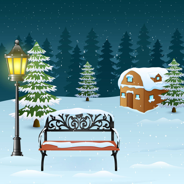 Fond de nuit d'hiver avec lampadaire et banc devant maison enneigée
 - Vecteur, image