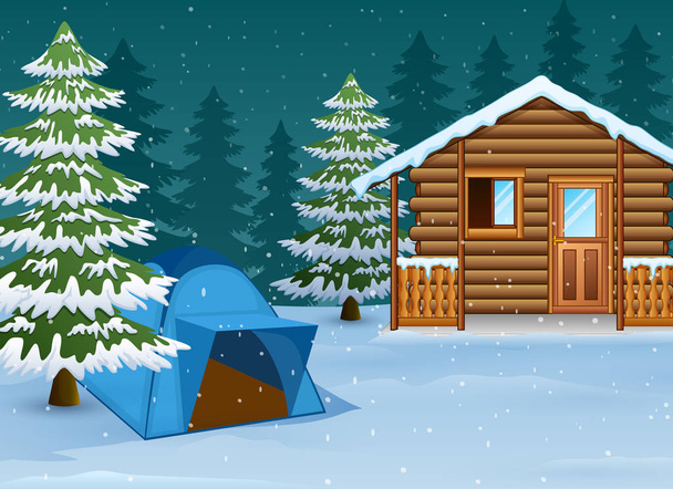 Cartoon blue tent in front of the house in the winter night - Vector, Image