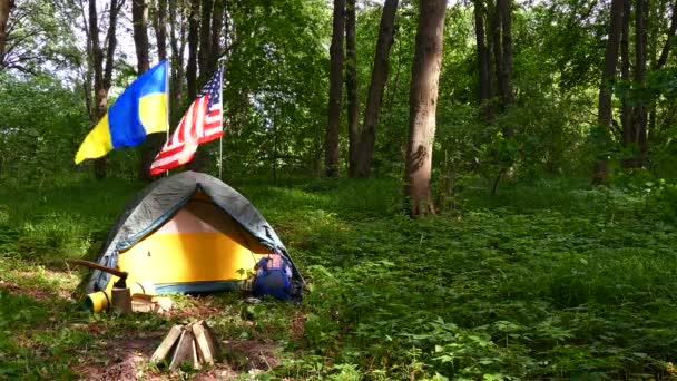 4K. Tourist  camp ,tent  with American and Ukrainian flag in wood.  - Footage, Video