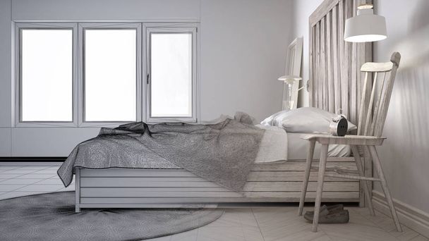 Ημιτελές έργο σχέδιο, σύγχρονο υπνοδωμάτιο, κρεβάτι με ξύλινο Κεφαλάρι, σκανδιναβικό οικολογικό λευκό κομψό εσωτερικό σχεδιασμό - Φωτογραφία, εικόνα