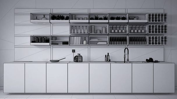 Minimalist mutfak, modern mimari iç tasarım tamamlanmamış proje taslağı - Fotoğraf, Görsel