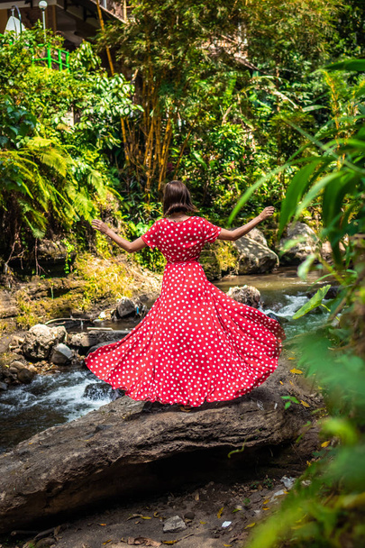 山川でポーズ長い赤いドレスの若い女性バリ島、インドネシアの熱帯雨林の奥深くに. - 写真・画像