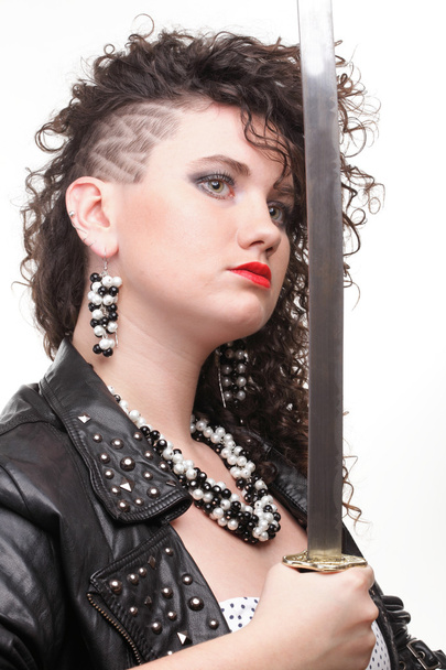 piercing woman curly girl and sword - Fotografie, Obrázek