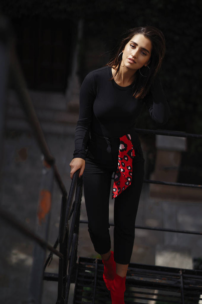 beautiful brunette posing on a black staircase - Fotografie, Obrázek