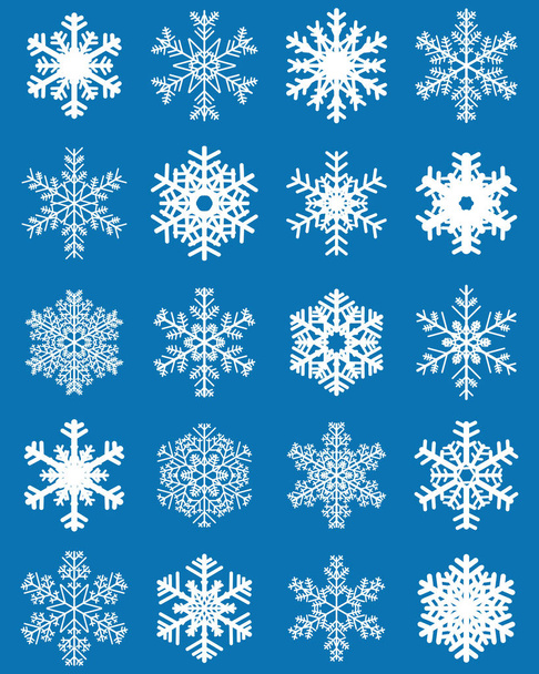 Set de diferentes copos de nieve blancos sobre fondo azul - Vector, Imagen