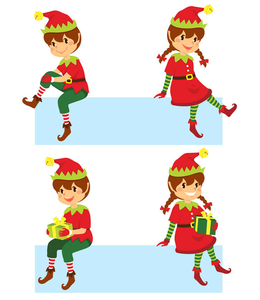 Lindos elfos de Navidad de dibujos animados sentados en una pancarta en diferentes poses
  - Vector, imagen