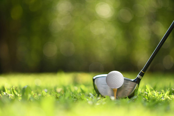 Yeşil çimenlerin üzerinde golf sahası arka plan vurdu olmak için hazır üzerinde golf topu - Fotoğraf, Görsel