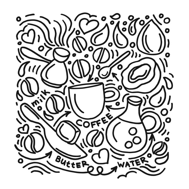 Design vetorial de composição moderna. Café à prova de balas Aroma no fundo branco. Receita de cozinhar. Grupo de elementos do doodle, estilo de esboço de linha de arte Conjunto de grãos, feijão, xícara, manteiga, leite, coco
 - Vetor, Imagem