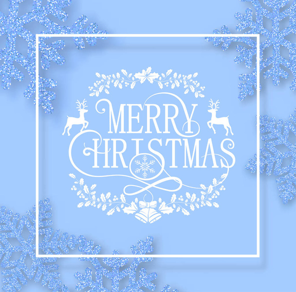 Blue Merry Christmas greeing card with beautiful shiny snowflake - Vektor, kép