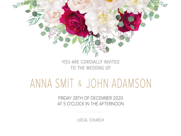 Esküvői virág meghívást, kivéve a dátum kártya tervez-val sötét piros rózsák, fehér pünkösdi rózsa, eukaliptusz & elegáns arany geometrikus díszítésű. Geometriai botanikai vektor tervezési keret. Divatos esküvői meghívók. Modern sablon - Vektor, kép