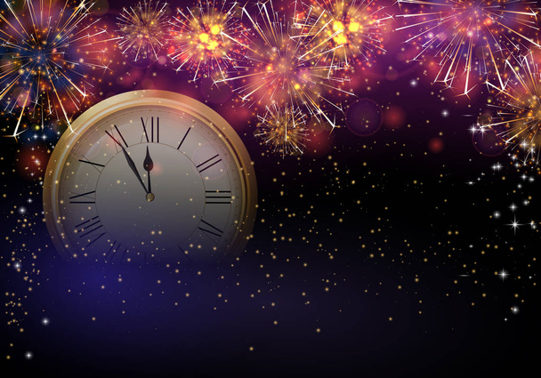 Christmas and New Year festive poster with clock and firework. - Vector, Image
