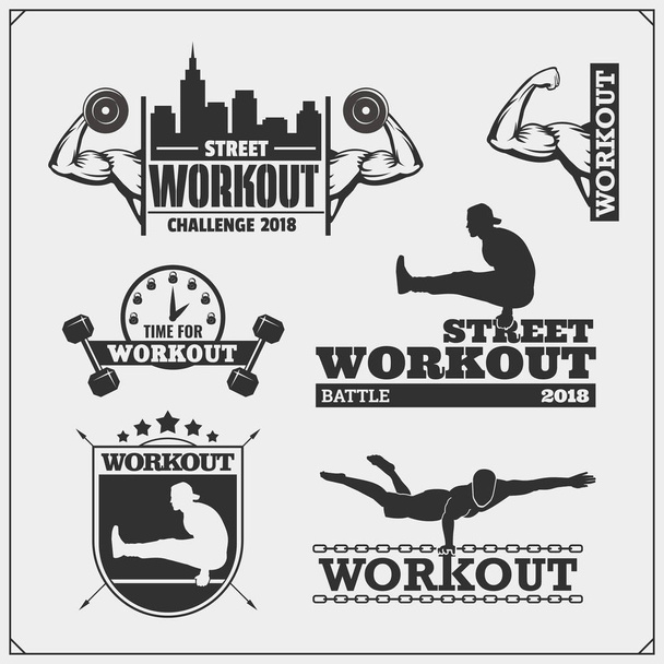 Conjunto vectorial de Street Workout y emblemas y etiquetas de fitness. Ilustraciones y siluetas de deportistas
. - Vector, imagen