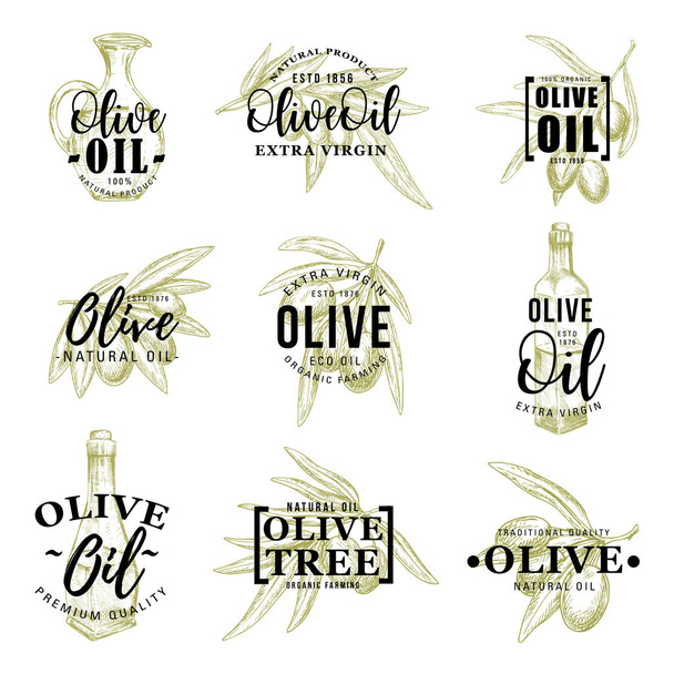 Olivenöl-Ikonen mit Blättern und Flasche - Vektor, Bild