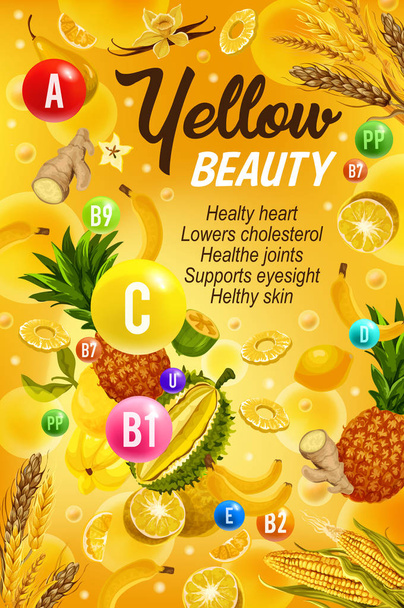 Zdrowe jedzenie i witaminy, dieta kolor żółty - Wektor, obraz