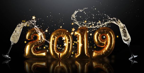 New Year 2019 celebration sign with golden numbers and splashing champagne wine - Foto, immagini