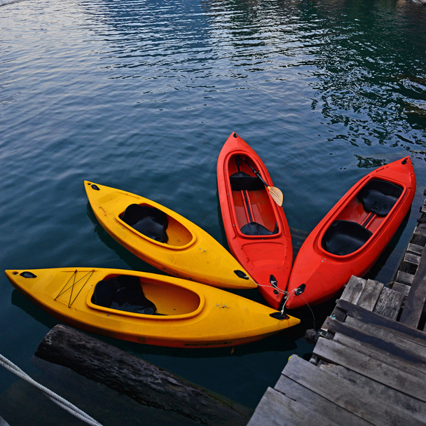 Kayak amarillo y rojo en el lago
 - Foto, imagen