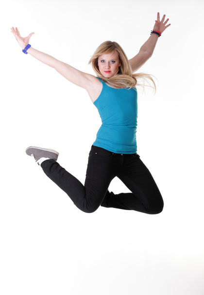 Young female Happy woman jumping with arms up isolated - Valokuva, kuva