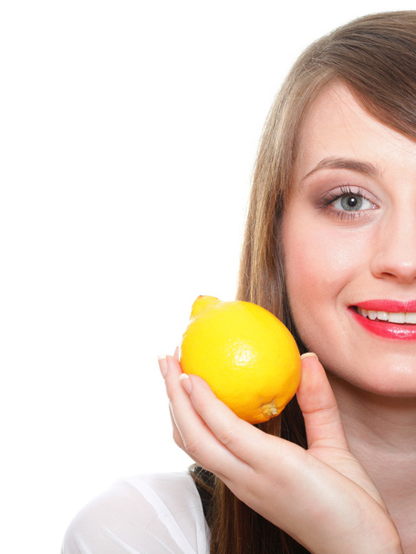 Young smiling woman with fruits and vegetables white background - Fotoğraf, Görsel