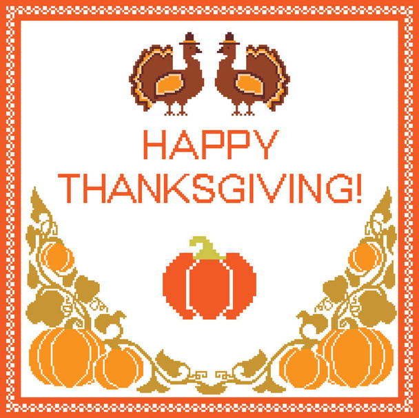 Happy Thanksgiving card template. Traditional embroidered background with turkey and pumpkins - Vector, Image