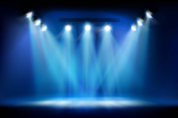 Empty stage during the show. Place for the exhibition illuminated by floodlights. Abstract vector illustration. - Vector, Image