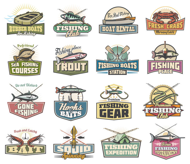 Fishery icons, fishing sport items and fish - Vector, Image