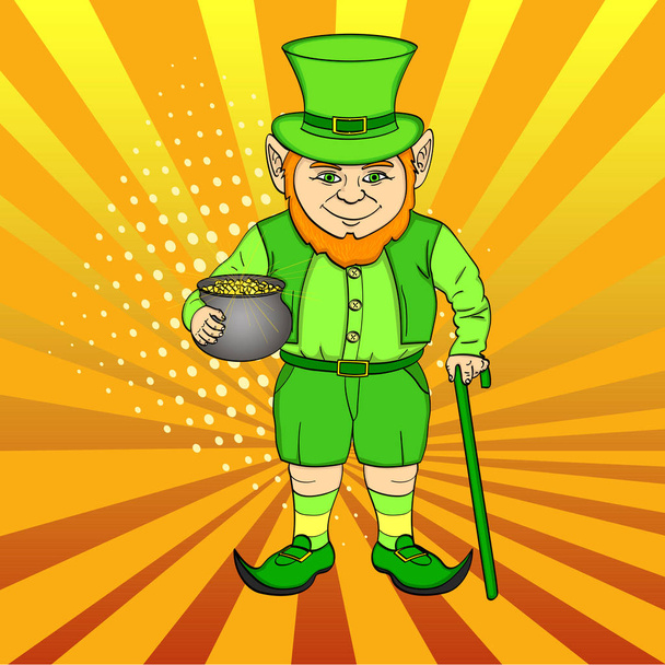 Leprechaun pop art. happy St. Patrick holds a cauldron full of gold coins in his hands. Imitation comic style raster - Photo, Image