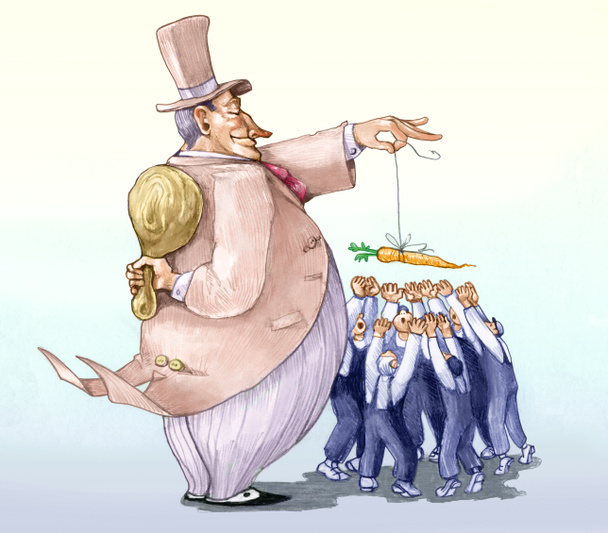 πλούσιο κύριο προσελκύει εργαζόμενους με καρότο και αυτός κρύβει μεγάλο σκυτάλη πολιτικά κινούμενα σχέδια μολύβι χιούμορ ισοπαλία - Φωτογραφία, εικόνα