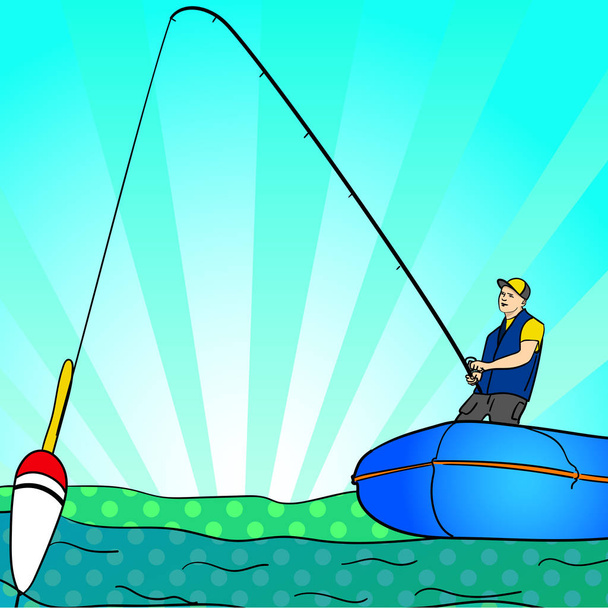 Pop art πρόσωπο ψάρεμα με καλάμι σε μια βάρκα σε γαλήνια λίμνη νερού σιλουέτα. Ελάχιστη απλό κινουμένων σχεδίων. Fisher εικόνα κόμικ - Φωτογραφία, εικόνα
