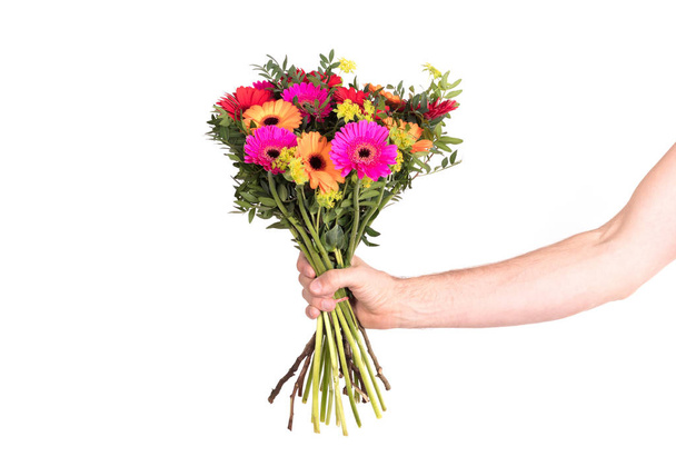Чоловік дарує квіти - ізольовані на білому
 - Фото, зображення
