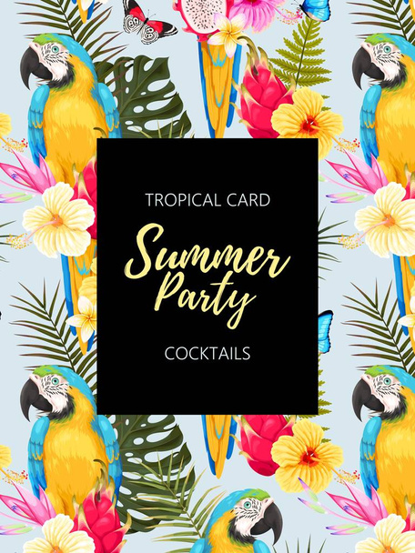 Summer party invitation with macaw and flowers - Vector, Image