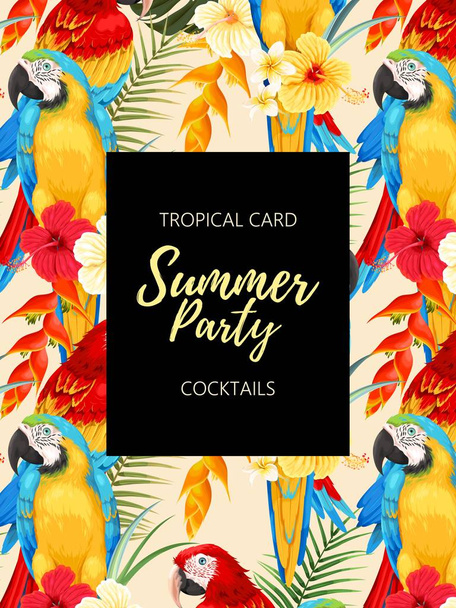 Summer party invitation with macaw and flowers - Вектор,изображение