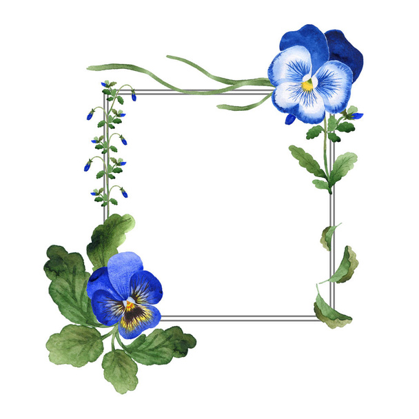 Sininen alttoviulu. Kukka kasvitieteellinen kukka. Vihreä lehti. Lehtikasvi kasvitieteellinen puutarha kukka lehtineen. Kehyksen reunus koriste
 - Valokuva, kuva