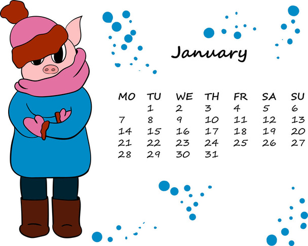 Vector Calendar for 2019 with the Chinese symbol New Year Pig - Vektor, Bild