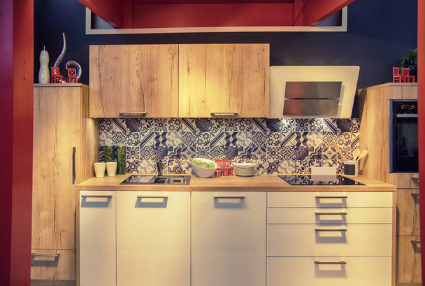 wooden kitchen with decorative tiles  - Photo, Image