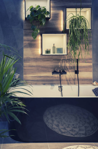 植物とお風呂の部屋のモダンなインテリア - 写真・画像