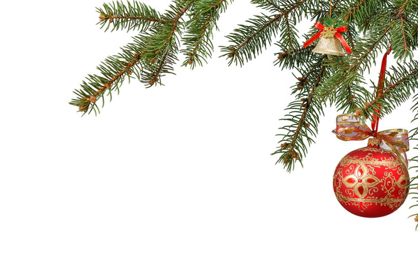 Oyuncak top, çan ve diğer Noel süs beyaz izole arka planda köknar ağacının dalları - Fotoğraf, Görsel