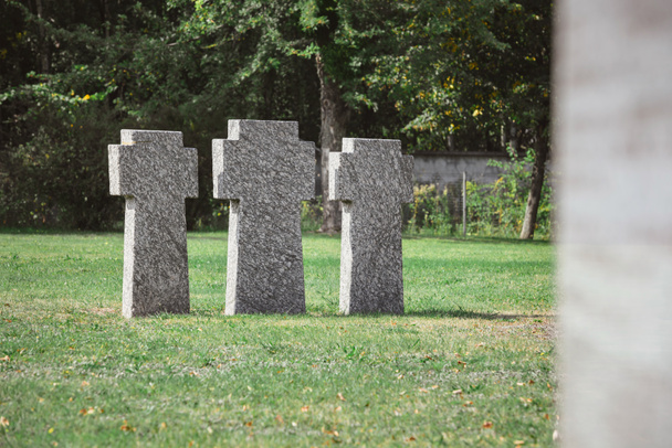 старые идентичные надгробия, расположенные в ряд на траве на кладбище
 - Фото, изображение