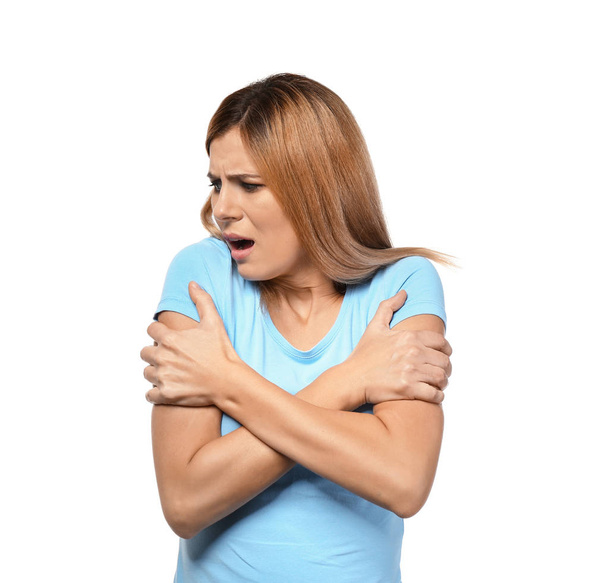 Woman having panic attack on white background - Photo, Image
