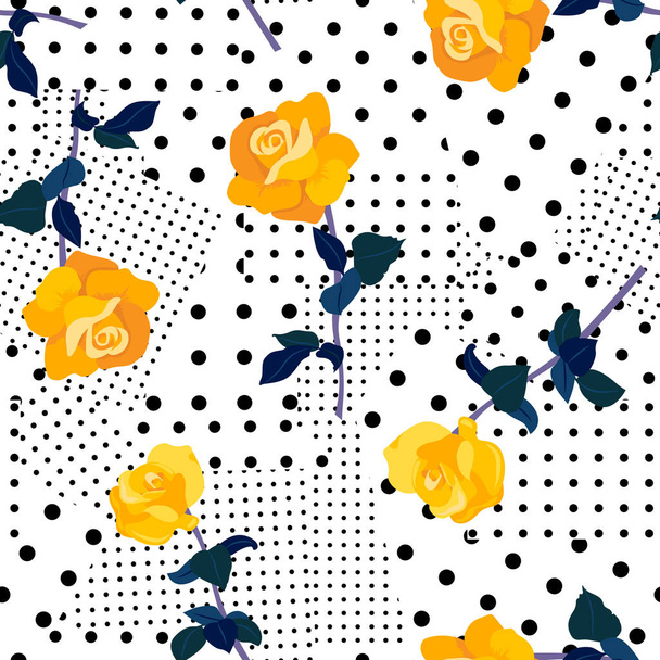 White seamless pattern with yellow roses and black dots. - Vektor, obrázek