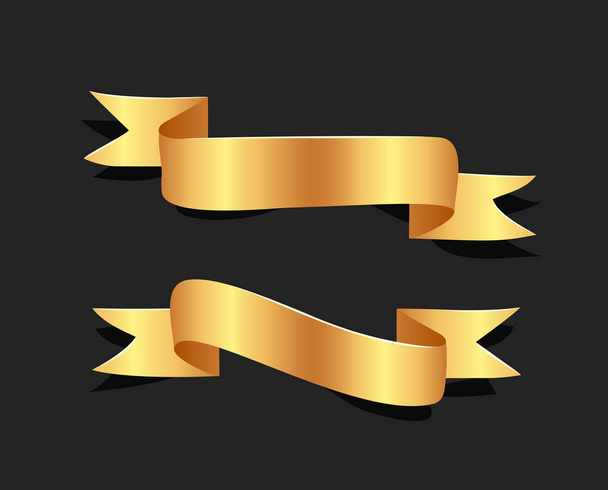 Hand drawn gold satin ribbons on blacke background isolated. Flat objects for your design. Vector art illustration - Vecteur, image
