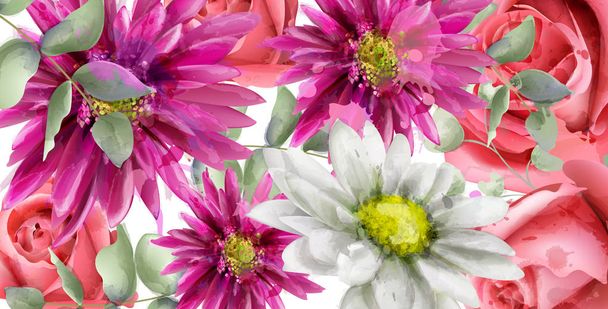 Весенние ромашки цветы фон акварельный вектор. Красивые винтажные пастельно-розовые цвета цветочные баннеры декора
 - Вектор,изображение
