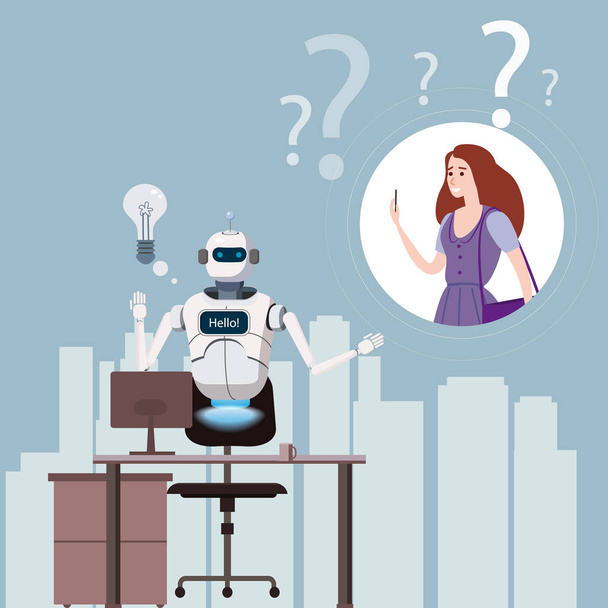 Darmowy Czat Bot, Virtual Assistance Robot na Laptop Say Hello Element witryny sieci Web lub aplikacji mobilnych, sztuczna inteligencja koncepcja kreskówka wektor ilustracja Office tło - Wektor, obraz