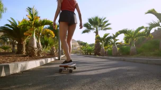 Frauen fahren bei Sonnenuntergang lächelnd mit Brettern für Skateboards auf dem Weg in den Park mit Palmen und Sand. Gesunder Lebensstil glückliche Menschen - Filmmaterial, Video